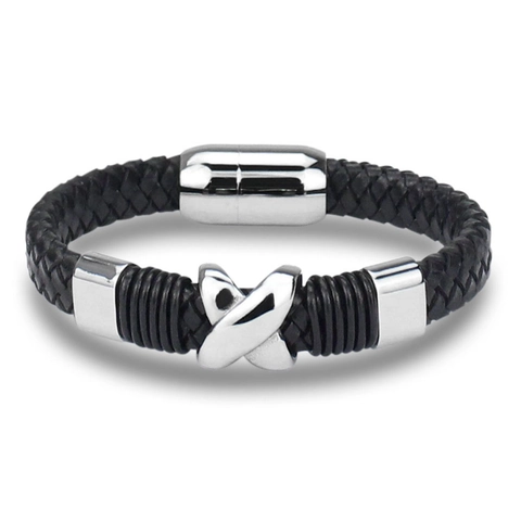 Bracciale in Pelle Intrecciata Retrò per Uomo in Acciaio Inossidabile con Motivo a X Chiusura Magnetica Gioielli Moda Regalo