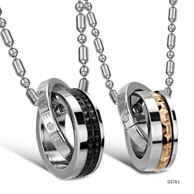 Titanstahl Doppelring Anhänger Halskette Für Paare Love Gravur Niete Strass Schmuck Geschenk