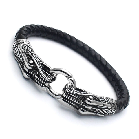 Men Viking Braided Genuine Leather Bracelet With Vintage Dragon Head Titanium Steel Clasp Punk Bangle Fashion Hand Jewelry