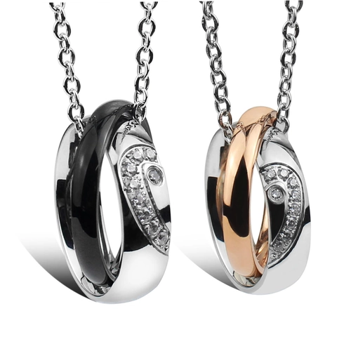 Valentinstag Titanstahl Paare Anhänger Halskette Ineinandergreifende Doppelring Strass Herz Design Schmuck Geschenk Für Liebhaber