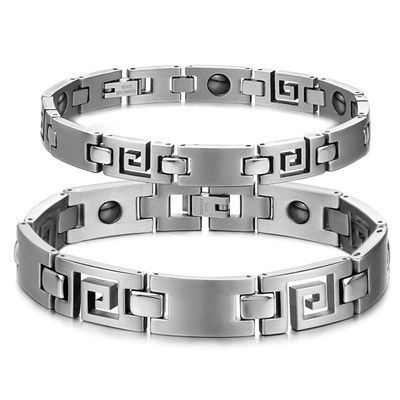 Pulsera Clásica de Acero Inoxidable con Greca Griega Magnetoterapia Joyería de Salud para Parejas Hombres Mujeres Color Plata Regalo