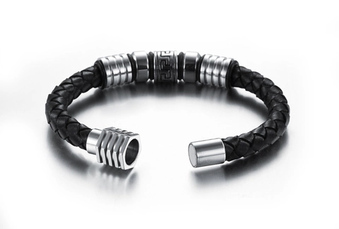 Pulsera Clásica de Cuero Trenzado para Hombre Con Cuentas de Acero Inoxidable Greca Cierre Magnético Joyería de Moda