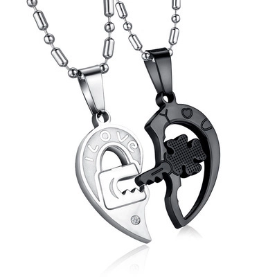 Roestvrij Staal Couple Hart Puzzel Splicing Hanger Ketting Hangslot Sleutel Strass Belettering I Love You Sieraden Cadeau