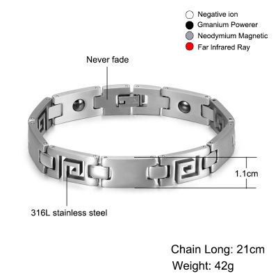 Pulsera Clásica de Acero Inoxidable con Greca Griega Magnetoterapia Joyería de Salud para Parejas Hombres Mujeres Color Plata Regalo