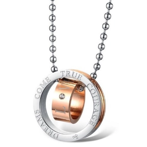 Titaniumstaal Dubbele Ring Hanger Halsketting Liefde Gravering Strass Ingelegd Roestvrij Staal Sieraden Voor Heren Dames