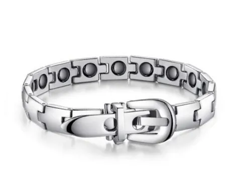 Pulsera Magnética de Acero de Titanio para Hombre Plateado Pulido Cadena Geométrica Con Cierre de Hebilla Pulsera Bio Magnética
