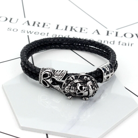 Bracciale in Pelle con Teschio in Acciaio Inossidabile Punk Rock per Uomo Cinturino Intrecciato Gotico Love Kills Slowly Gioielli Biker
