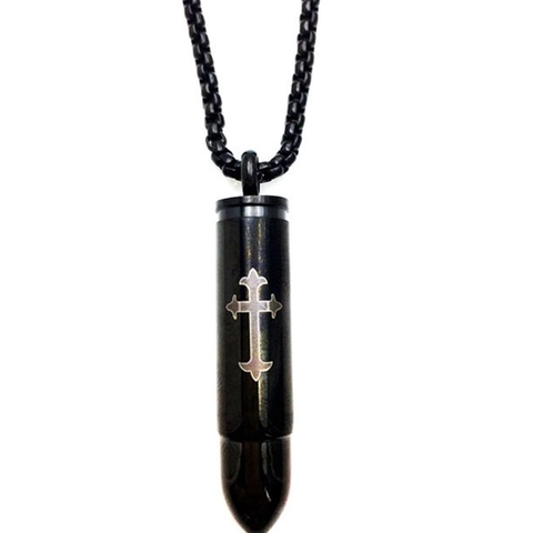 Men's Vintage Titanium Steel Bullet Cross Pendant Necklace Openable Cremation Urn Jewelry Retro Religious Box Chain
