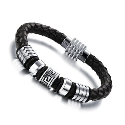 Pulsera Clásica de Cuero Trenzado para Hombre Con Cuentas de Acero Inoxidable Greca Cierre Magnético Joyería de Moda