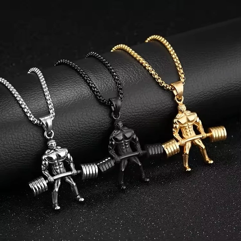 Titanium Steel Fitness Muscle Man Barbell Pendant Necklace For Men Gym Bodybuilding Weightlifting Sports Jewelry Gift