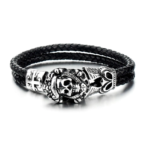 Bracciale in Pelle con Teschio in Acciaio Inossidabile Punk Rock per Uomo Cinturino Intrecciato Gotico Love Kills Slowly Gioielli Biker