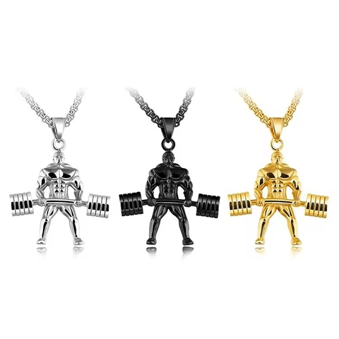 Titanium Steel Fitness Muscle Man Barbell Pendant Necklace For Men Gym Bodybuilding Weightlifting Sports Jewelry Gift