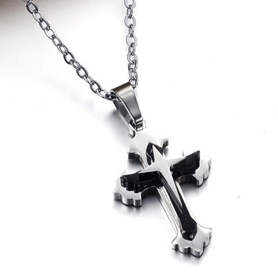 Collana con Ciondolo a Croce in Acciaio al Titanio Gothic Punk da Uomo Argento Nero Doppio Strato Cavo Gioielli