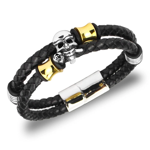 Bracciale da Uomo in Pelle Intrecciata Punk con Teschio Stile Gothic Rock Teschio in Lega Chiusura Magnetica Gioielli Moda