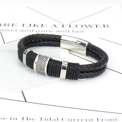 Bracciale da Uomo in Pelle Intrecciata a Doppio Strato Con Chiusura Magnetica in Acciaio Inossidabile Gioielli Punk