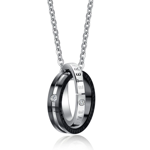 Titanium Steel Double Interlocking Ring Pendant Necklace For Couples Rhinestone Inlaid Eternal Love Engraved Necklace Jewelry