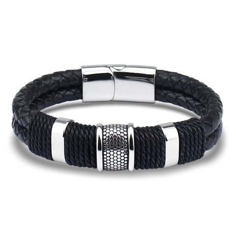 Bracciale da Uomo in Pelle Intrecciata a Doppio Strato Con Chiusura Magnetica in Acciaio Inossidabile Gioielli Punk