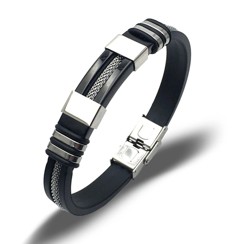 Pulsera de Silicona de Acero Inoxidable para Hombre Estilo Punk Industrial con Incrustaciones de Malla Joyería Decorativa Diaria