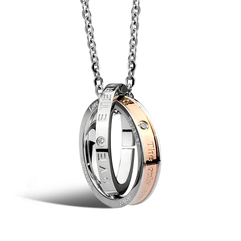 Collana Pendente a Doppio Anello Incastrato in Acciaio Inossidabile per Coppie con Incisione Love Eternity Gioiello con Strass Regalo
