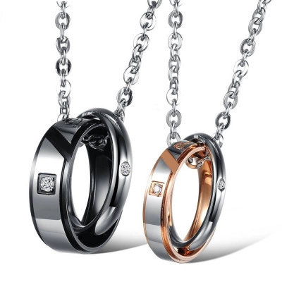 Titanium Steel Double Interlocking Ring Couple Necklace Rhinestone LOVE True Love Pendant Jewelry For Men Women Gift