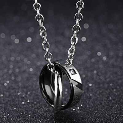 Titanium Steel Double Interlocking Ring Couple Necklace Rhinestone LOVE True Love Pendant Jewelry For Men Women Gift