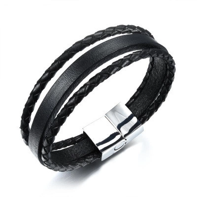 Men's Multi-Layer Braided Leather Bracelet With Stainless Steel Magnetic Clasp Punk Style Black Fashion Jewelry For Men