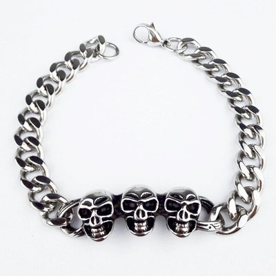 Stainless Steel Punk Skull Bracelet Men Women Gothic Triple Skull Curb Chain Bracelet Rock Biker Steel Color Jewelry
