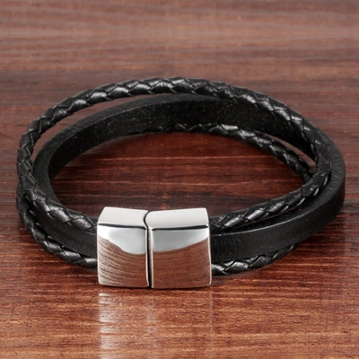 Men's Multi-Layer Braided Leather Bracelet With Stainless Steel Magnetic Clasp Punk Style Black Fashion Jewelry For Men