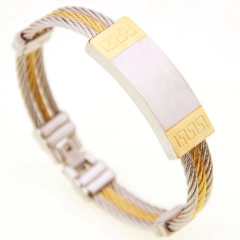 Bracciale da Uomo in Acciaio al Titanio Cavo Intrecciato Oro Argento Bicolore Greca Pattern Punk Moda Bracciale Gioielli