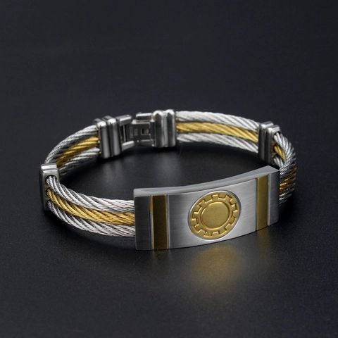 Men's Stainless Steel Three Row Cable Bangle Bracelet Two Tone Gold Silver Gear Medallion Industrial Style Jewelry Gift