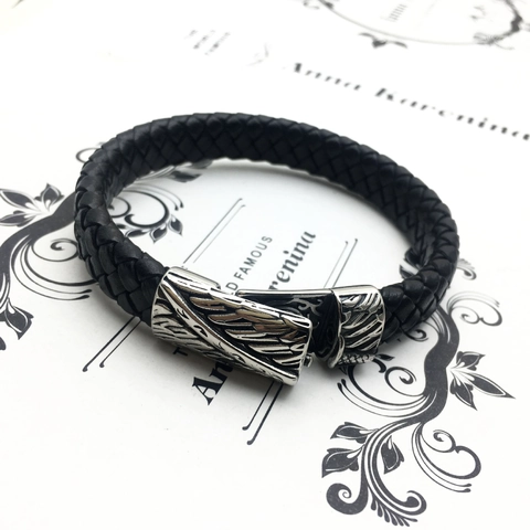 Bracciale in Pelle Intrecciata Nera Vintage per Uomo Chiusura a Piuma in Lega d'Argento Retro Punk Bracciale Rigido Gioielli da Uomo Moda Regalo