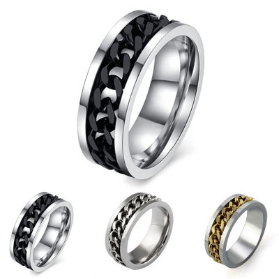 Anello con Catena Spinner in Acciaio Inossidabile 316L per Uomo Fascia Rotante Maglia Cubana in Acciaio al Titanio Lucido