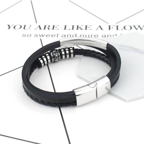 Men Multilayer Leather Bracelet Stainless Steel Magnetic Clasp Braided Black Cord Vintage Beads Punk Fashion Jewelry Bracelet