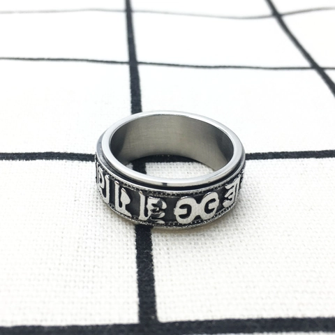 Vintage Stainless Steel Rotatable Six Character Mantra Spinner Ring For Men Meditation Stress Relief Band Jewelry