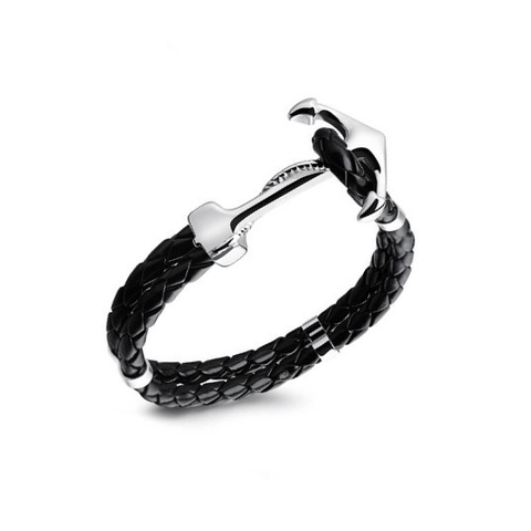 Men Punk Rock Nautical Anchor Buckle Black Braided Leather Bracelet Double Layer Marine Style Wristband Jewelry Gift