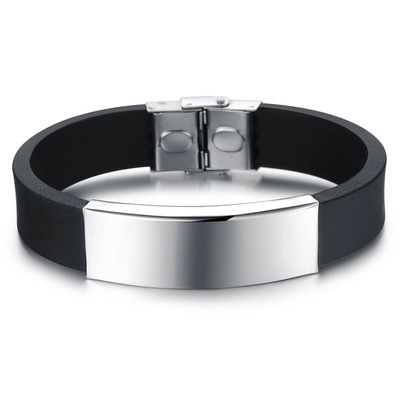 Pulsera ID de Hombre Simple de Silicona Acero Inoxidable Placa de Metal Pulido Cierre Plegable Brazalete Joyería Regalo