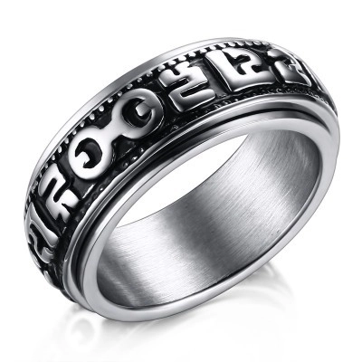 Vintage Stainless Steel Rotatable Six Character Mantra Spinner Ring For Men Meditation Stress Relief Band Jewelry
