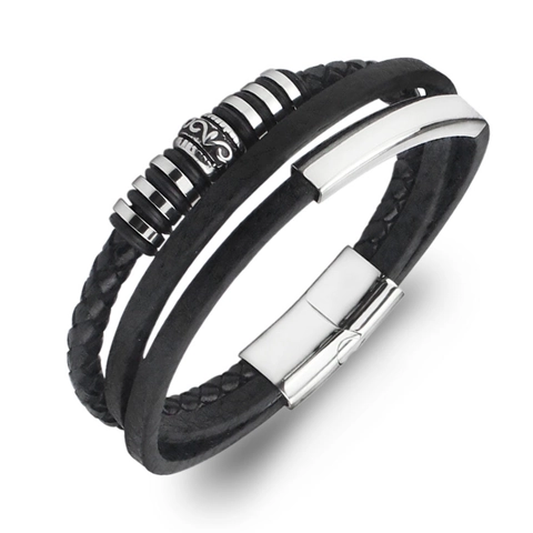 Men Multilayer Leather Bracelet Stainless Steel Magnetic Clasp Braided Black Cord Vintage Beads Punk Fashion Jewelry Bracelet