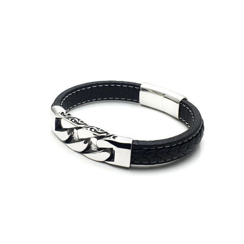 Men Black Braided Microfiber Leather Bracelet Stainless Steel Cuban Link Decor Punk Style Magnetic Clasp Hand Jewelry