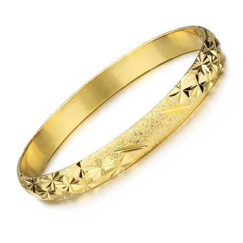 Elegant Gold Plated Copper Bangle For Women Geometric Star Engraved Frosted Pattern Bracelet Luxurious Fashion Jewelry Accessory