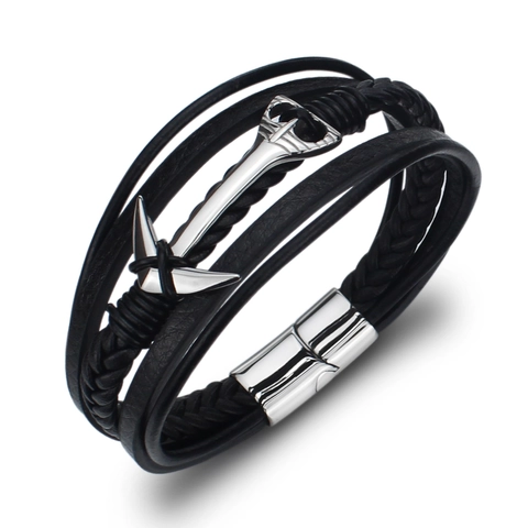 Bracciale da Uomo Multistrato in Pelle Intrecciata Con Ciondolo ad Ancora in Acciaio Inossidabile Chiusura Magnetica Gioielli Nautici Vintage
