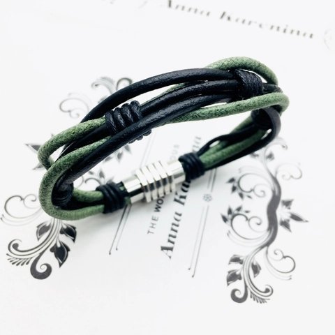 Herren Retro Mehrlagig Geflochtenes Lederarmband Edelstahl Magnetverschluss Schwarz Grün Handgeflochtenes Kordelarmband Schmuck