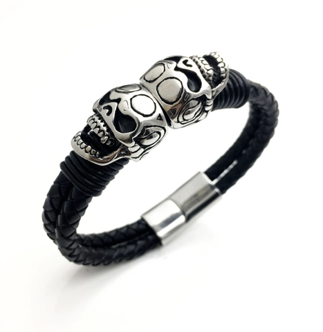 Bracciale Punk da Uomo in Pelle di Vacca Intrecciata Nera Con Ciondoli a Teschio Argentato Gioielli Gothic Rock Chiusura Magnetica Polsino Biker
