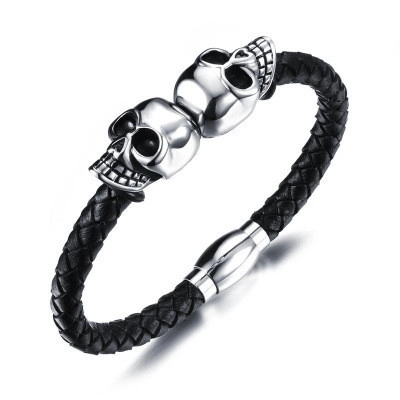 Heren Vintage Punk Schedel Gevlochten Leren Armband Titanium Staal Magnetische Gesp Rock Stijl Mode Sieraden