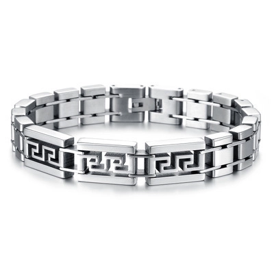 Bracciale da Uomo Audace in Acciaio al Titanio con Greca Argento Minimalista Industriale Lucido Spazzolato Gioiello Geometrico