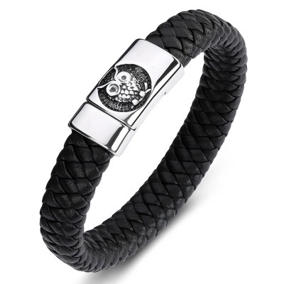 Pulsera de Cuero Trenzado de Búho Punk para Hombre Cierre Magnético de Acero Inoxidable Joyería de Moda Vintage