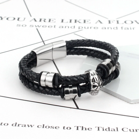 Herren Punk Rock Geflochtenes Lederarmband Mit Edelstahl Totenkopf Ornament Und Magnetverschluss Mode Schmuck Für Männer