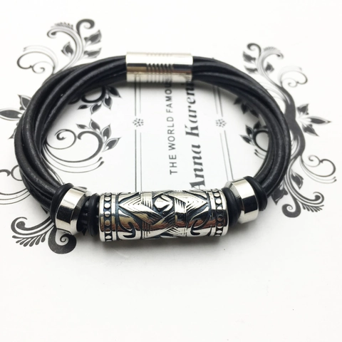 Bracciale da Uomo in Acciaio al Titanio Esagramma Vintage Intrecciato a Mano Multistrato in Pelle con Chiusura Magnetica