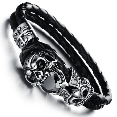 Bracciale in Pelle Intrecciata a Doppio Strato Punk Gotico con Teschio e Strass per Uomo Gioielli di Moda in Stile Hip Hop Rock