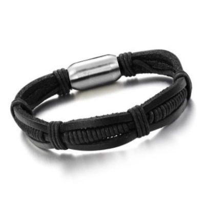 Bracciale in Pelle Intrecciata da Uomo Con Fibbia Magnetica in Acciaio Inossidabile Polsino alla Moda Multistrato Gioielli Casual